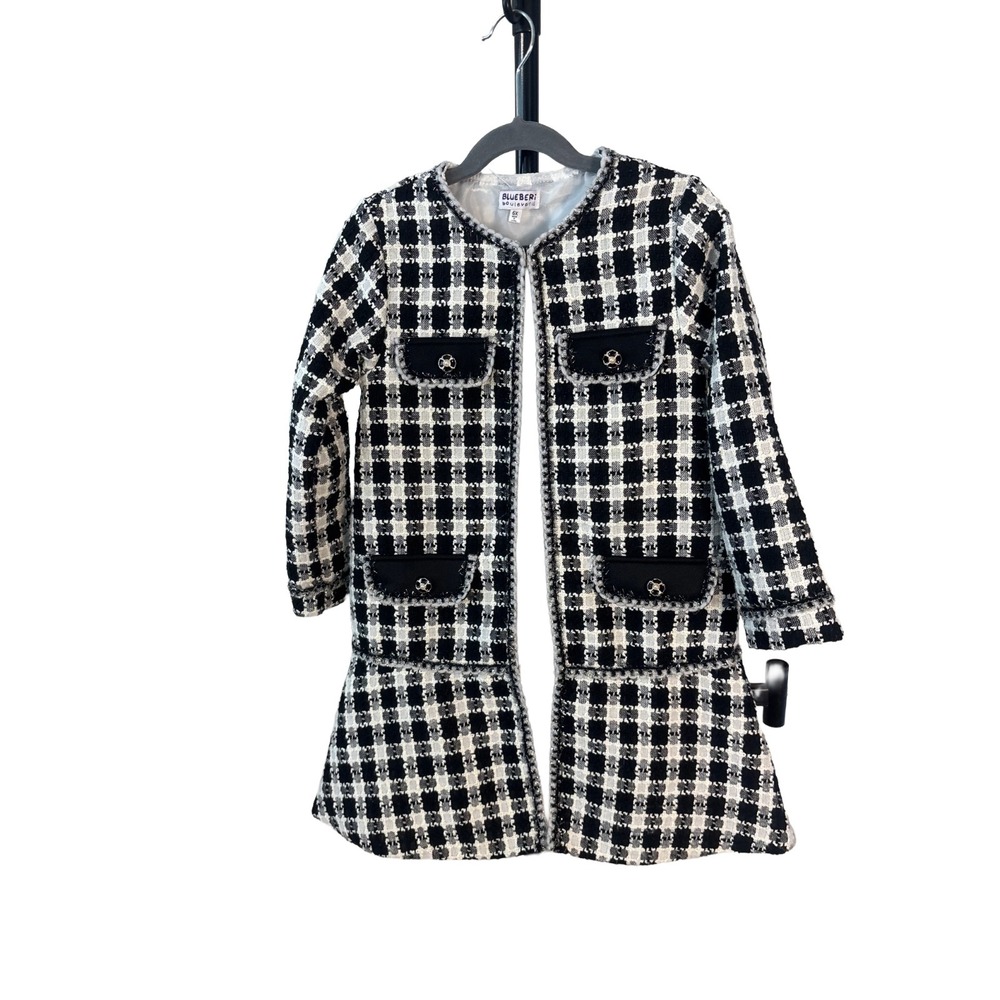 Blueberi Boulevard Girls Houndstooth Tweed Coat Classic Black White Size 6X NWOT